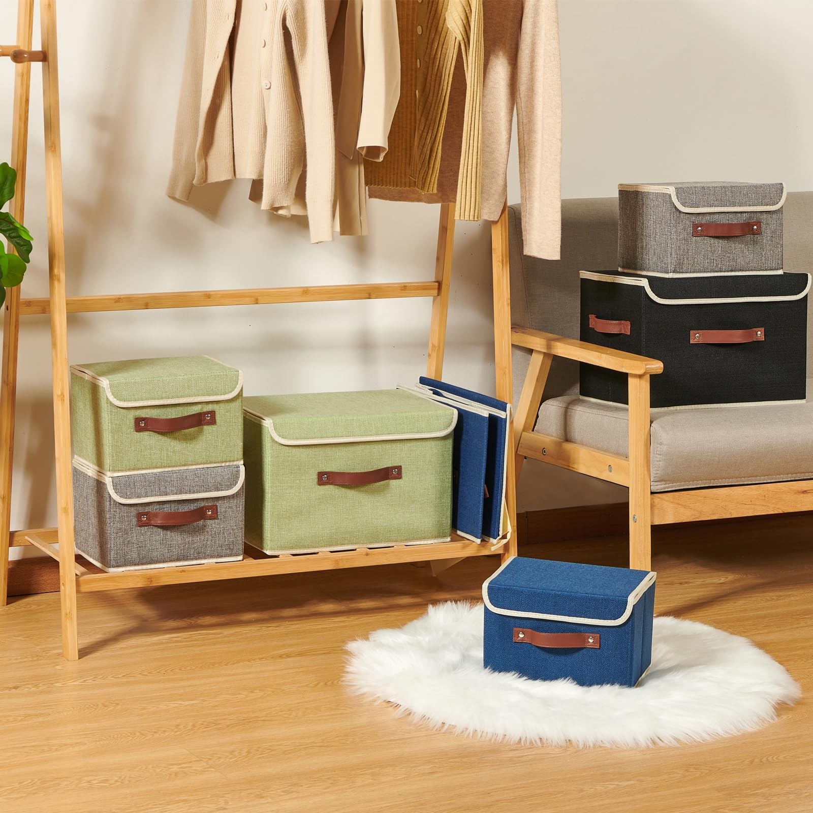Storage Boxes with Lid Cotton Linen Fabric Storage Bins Organizer Container D...