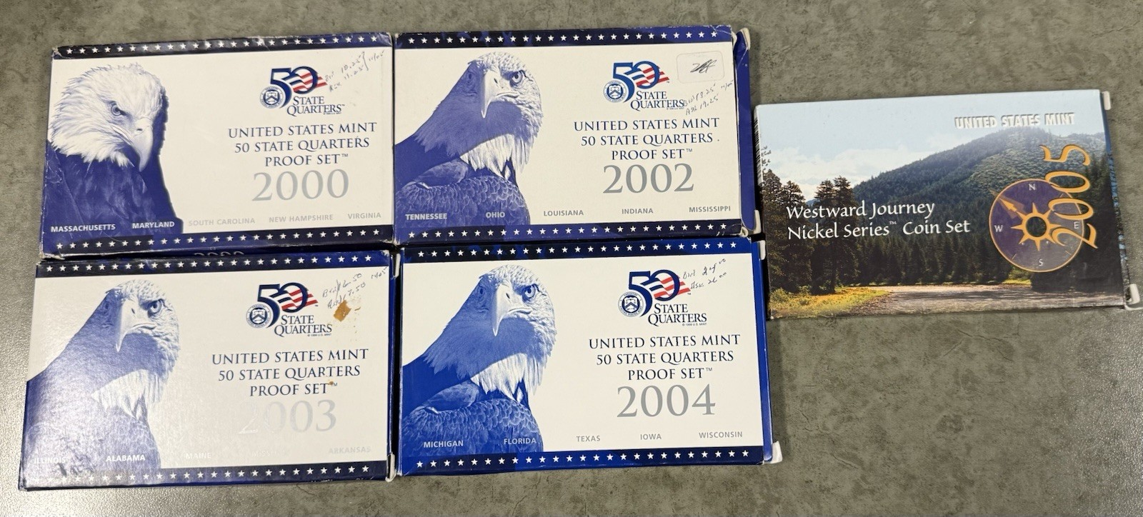 Lot 4 U.S Mint State Quarters Proof Sets 2000 2002 2003 2004 & Nickel Set