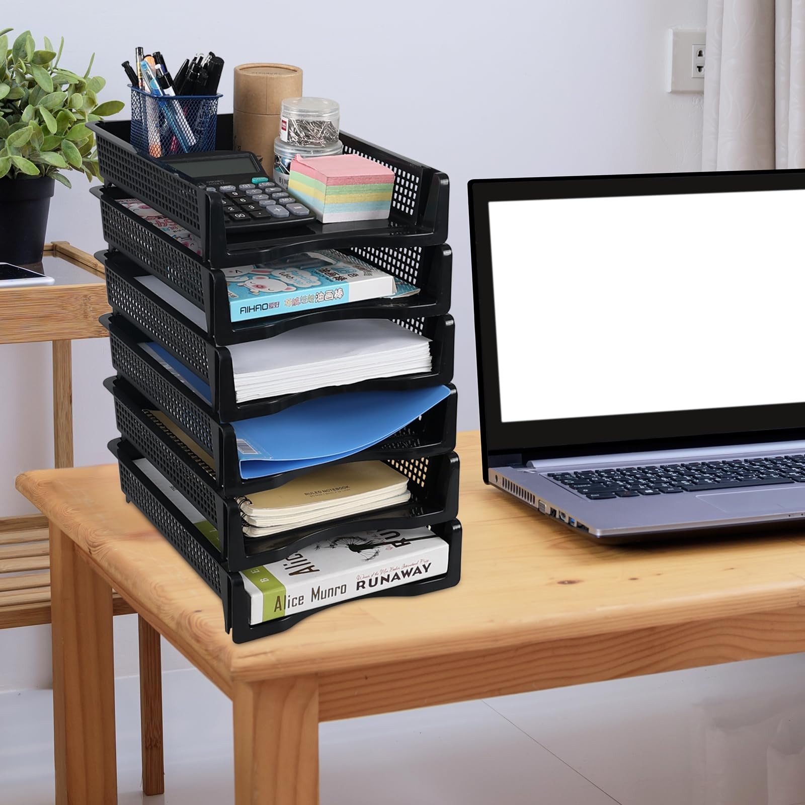 6 PCS Black Stackable Plastic Desktop Document Paper Sorter Bin Holder Tray Rack