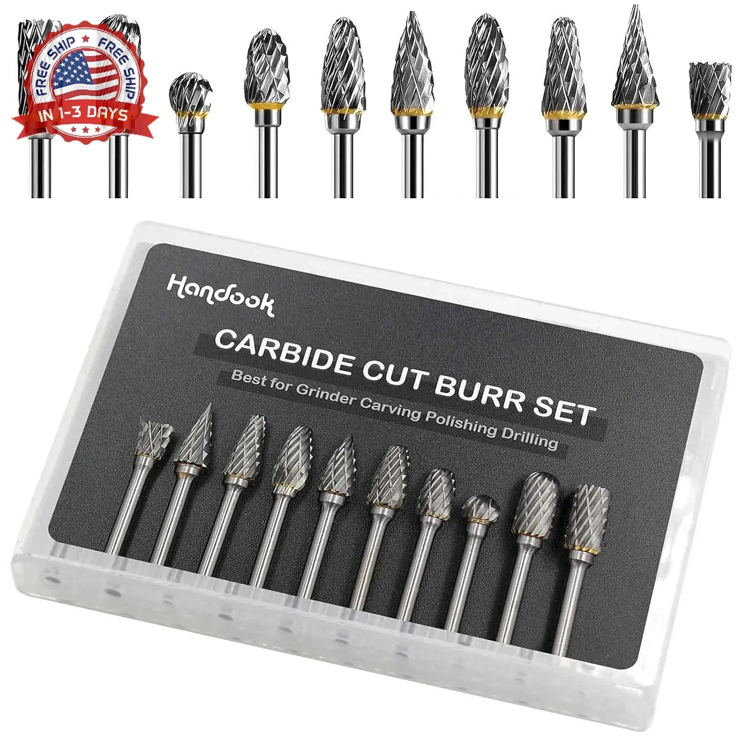Handook Tungsten Carbide Double Cut Burr Set, with 1/8" Shank 1/4" Grinding Head