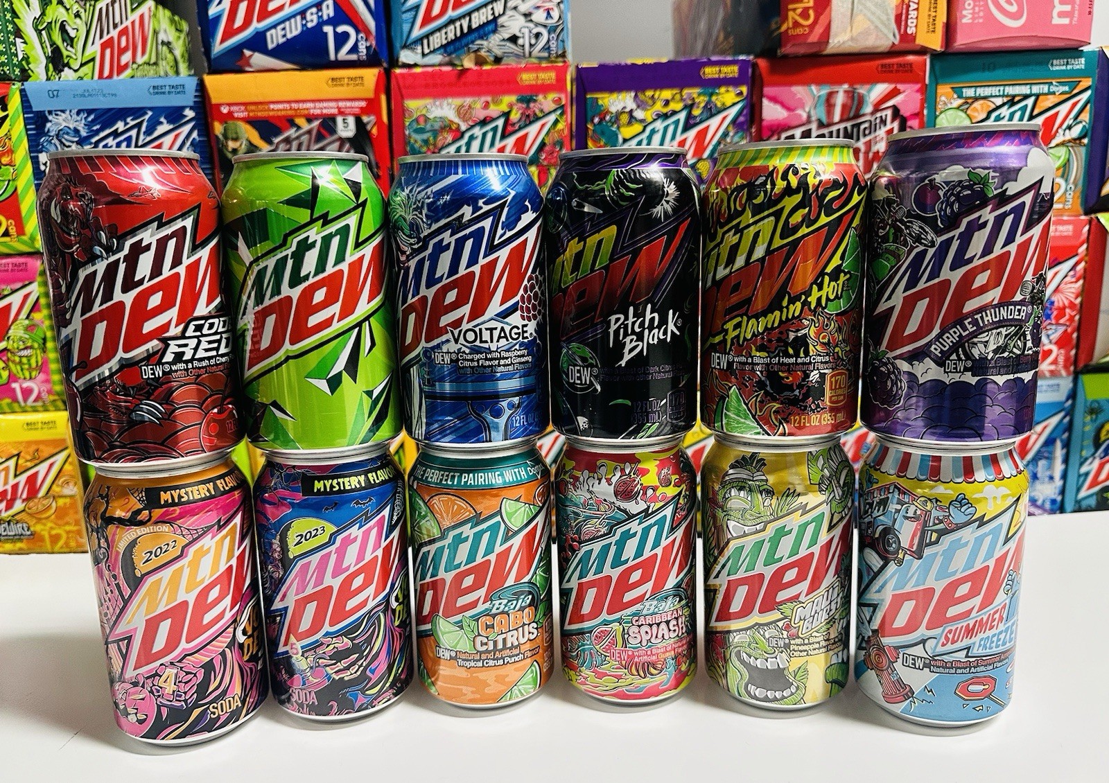 *Rare* Mountain Dew Collection ! 12 Pack Full 12oz Cans! Pitch Black Flamin Hot+
