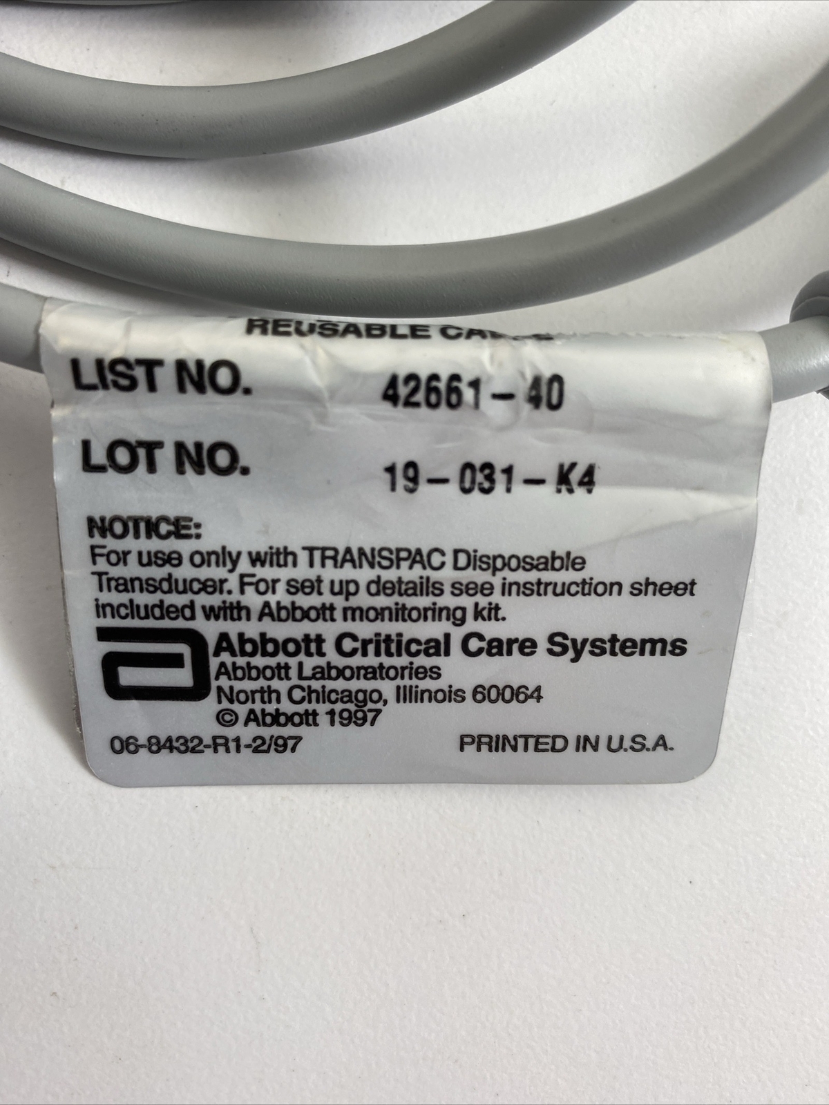 ABBOTT TRANSPAC Reusable Cable 42661-40 for Disposable Transducer