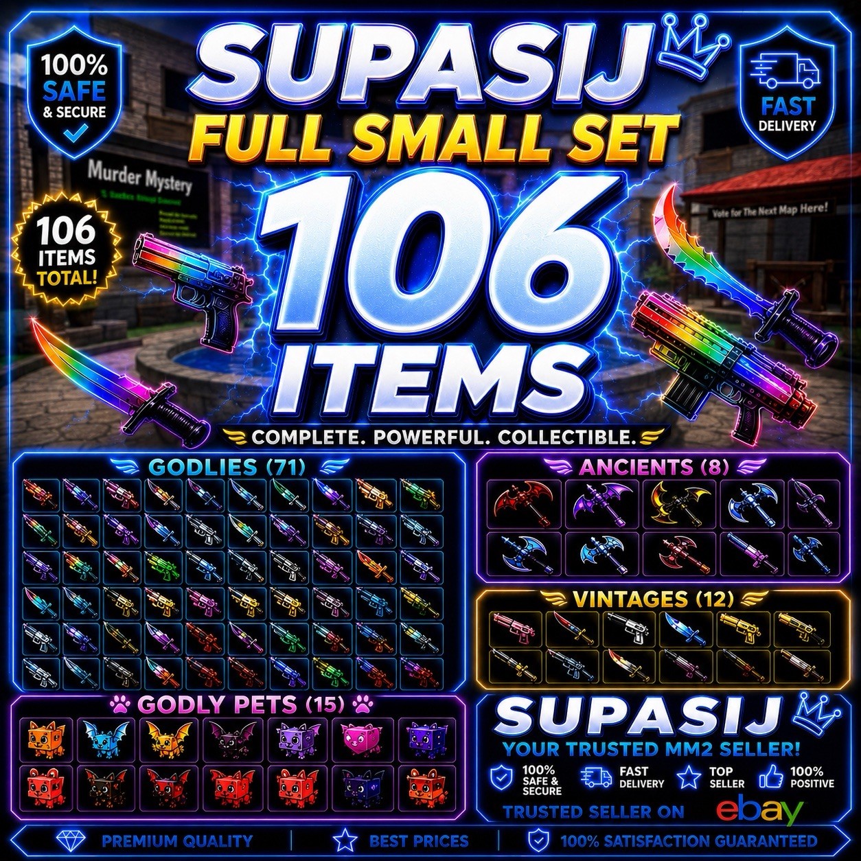 Murder Mystery 2 MM2 | Small Set 106 Items| Godly Set |Pets Fast Delivery 🟢⚡️