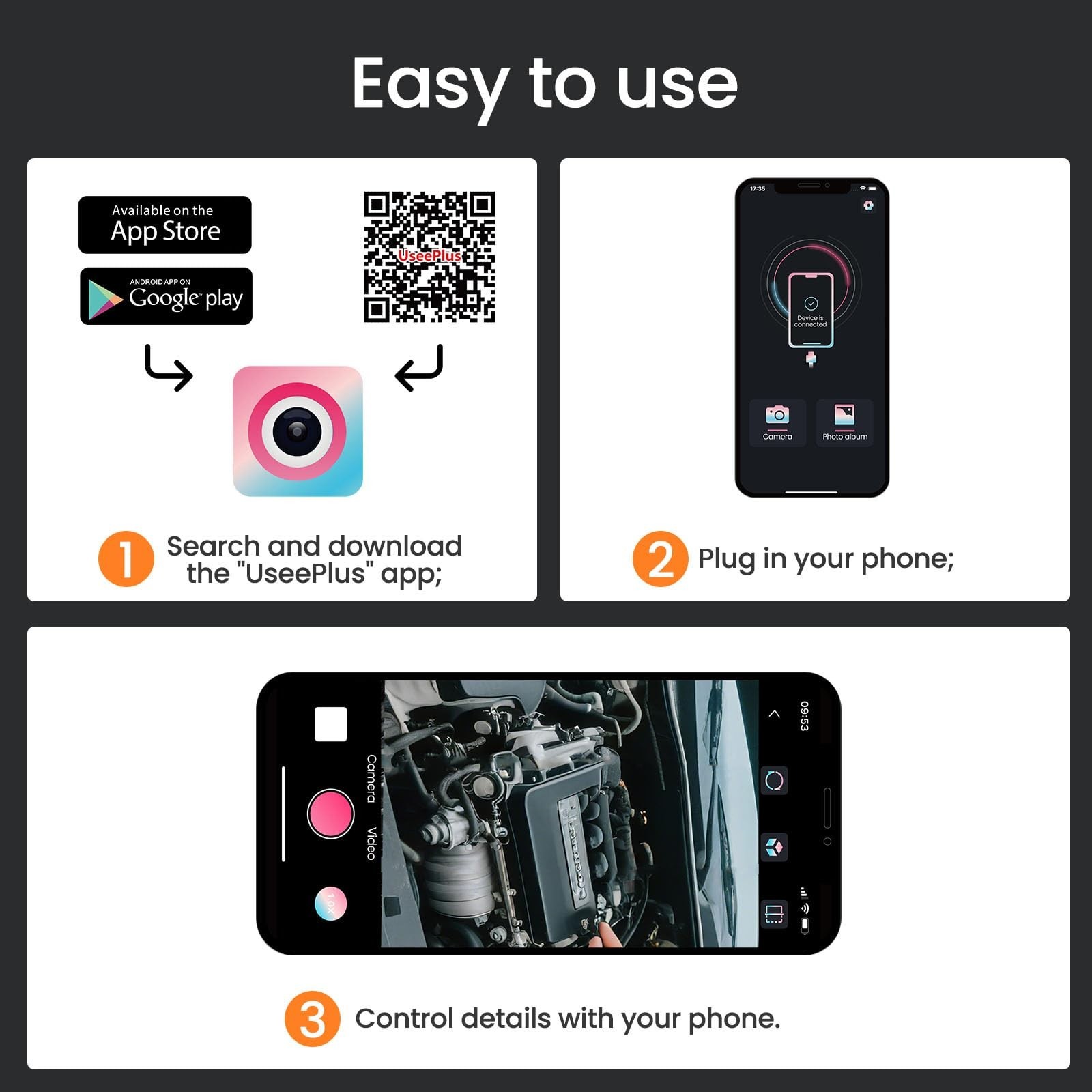 HD Endoscope Camera with Light 1920P, 16.4ft Waterproof Borescope for iPhone & A