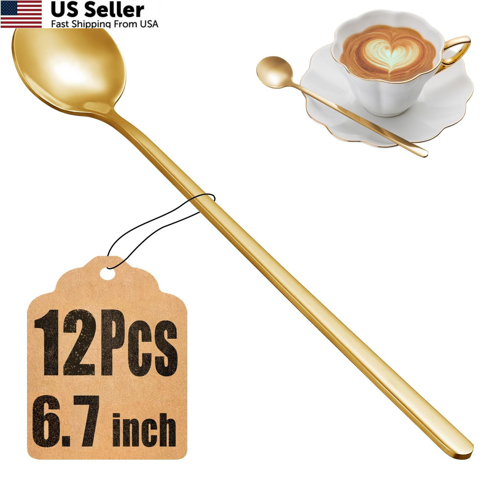 12 Pcs Coffee Spoons Set, 6.7" Gold Tea Long Handle, Gold,