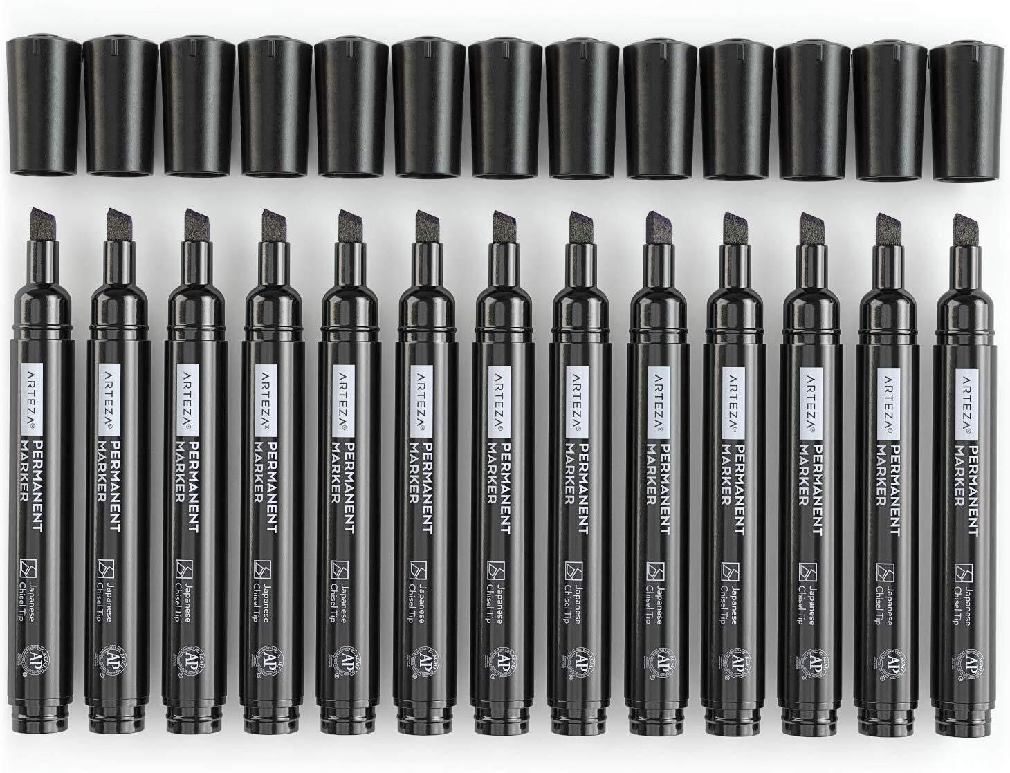Arteza Permanent Markers | Black | Chisel Tip - Pack of 36