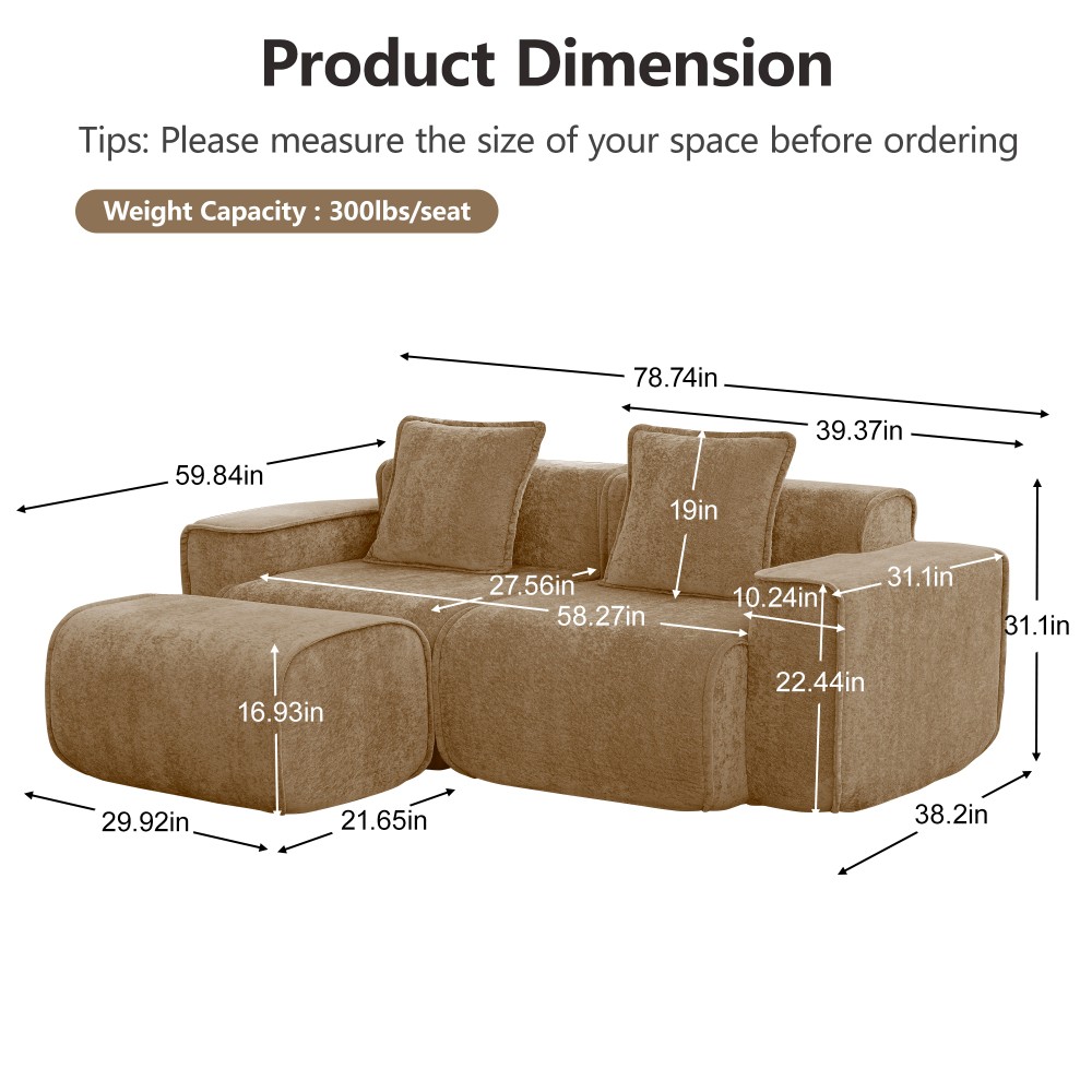 L-Shape Sectional Sofa w/ Ottoman Compressed Sofa Velvet Brown, No Assembly