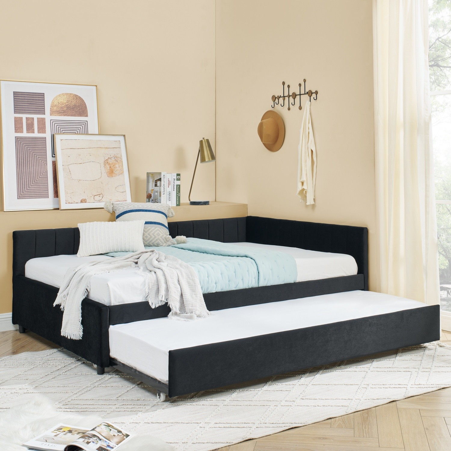 Full Size Daybed Velvet Upholstered Bed Frame Sofa Bed w/ Pull-Out Trundle Black
