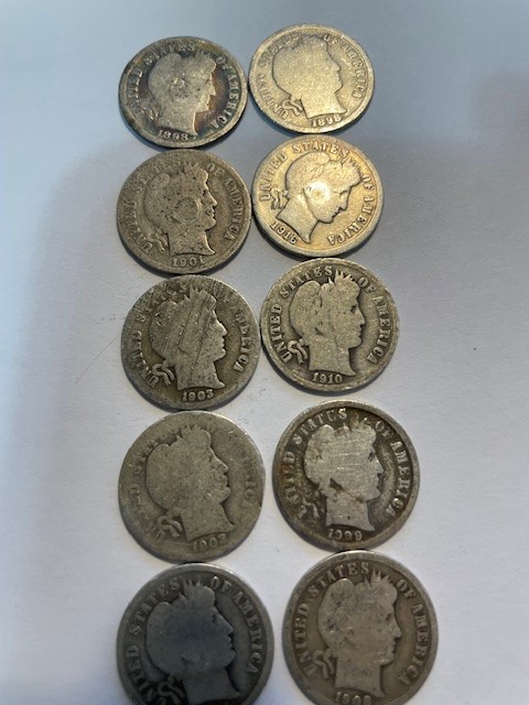 Silver Barber dimes 10 all different dates 90% silver