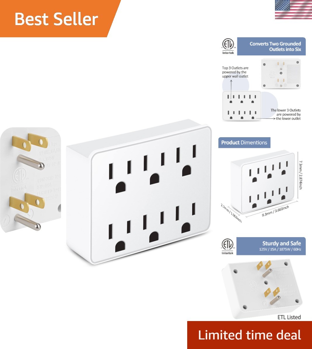 3 Prong Power Strip Outlet Extender with 6 Outlets -  Listed Safe Design