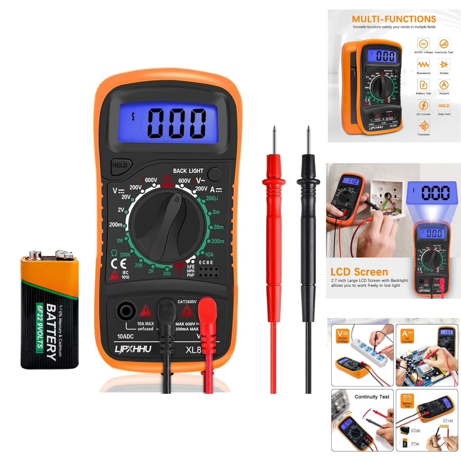 Digital Multimeter 2000 Counts Volt Amp Ohm Diode Continuity Tester LCD