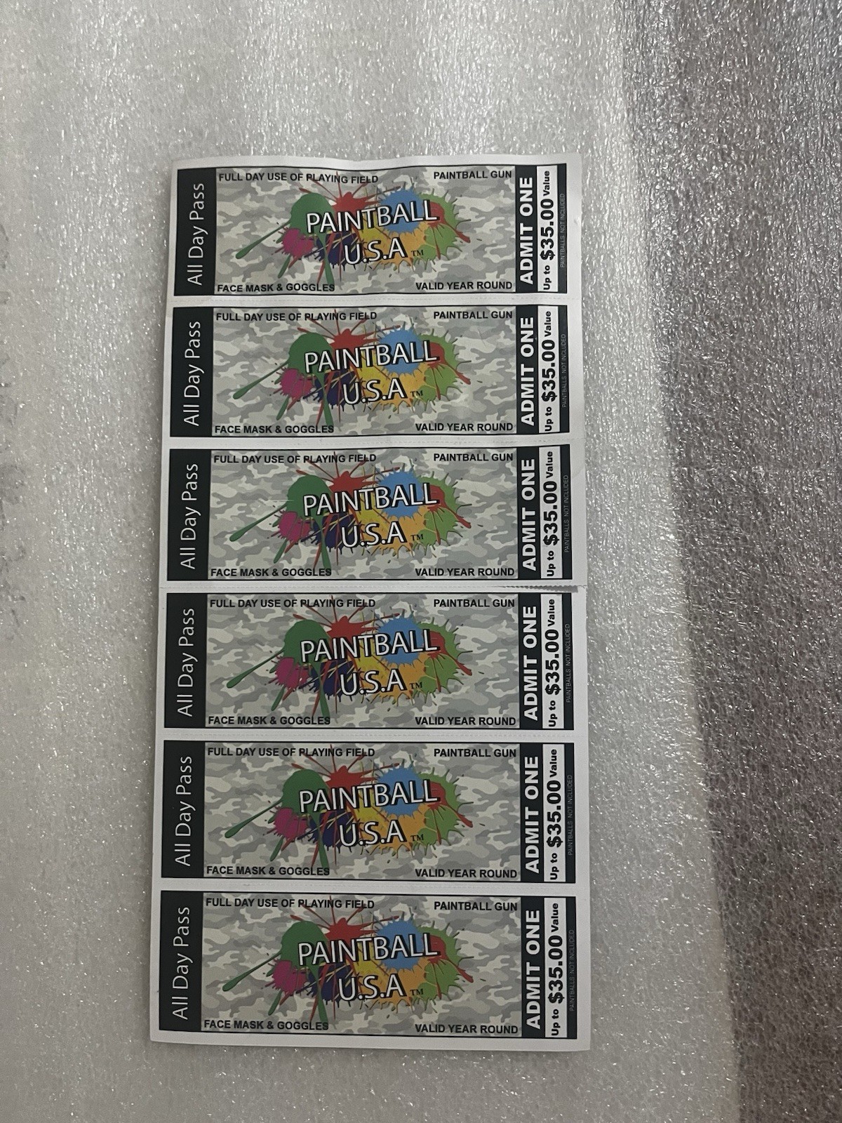 Paintball USA Tickets Lot of 6 All-Day Open Play Passes HUGE DISCOUNT CLEARANCE