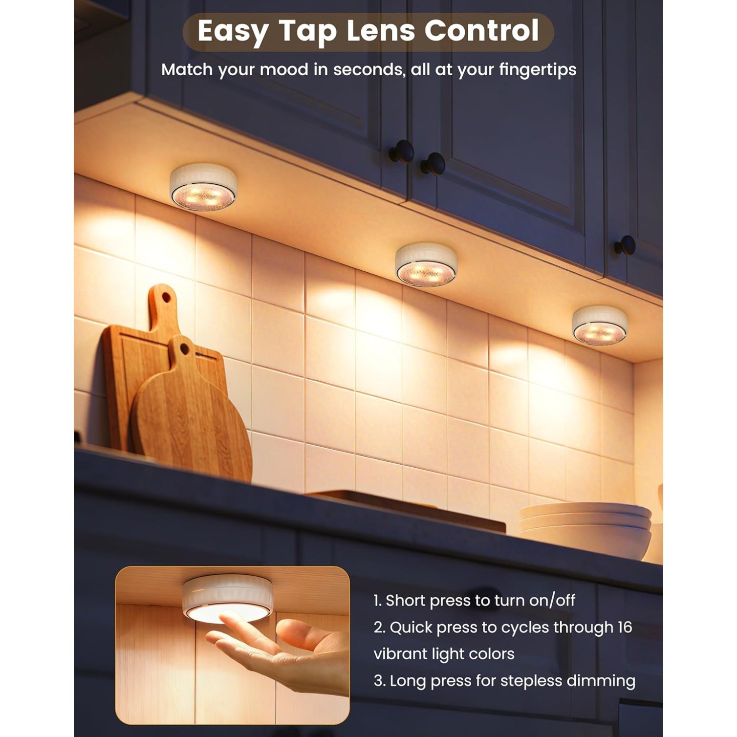 6pcs Cabinet Lights,Battery Operated LED Puck Lights with Remote Control & Timer