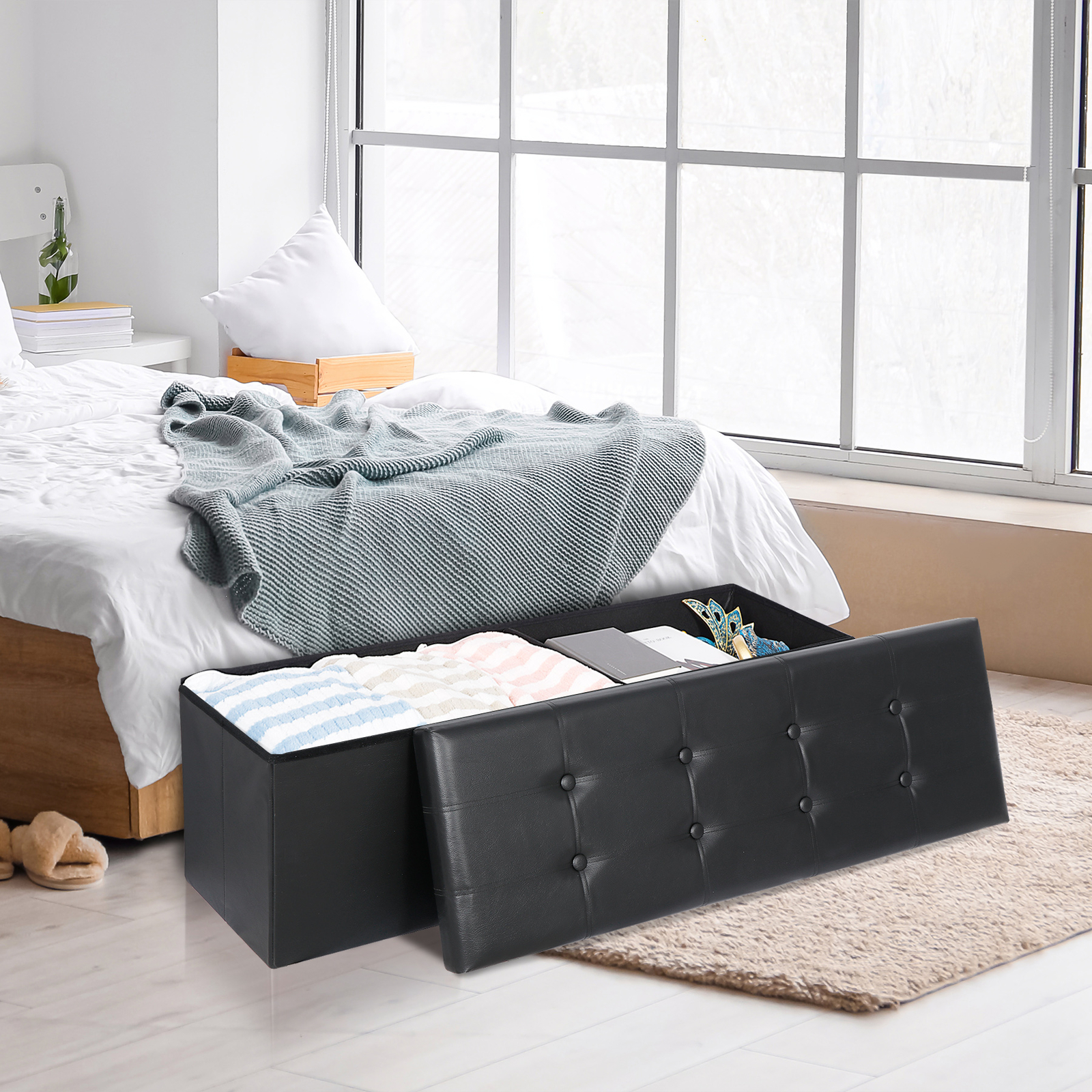 43'' Storage Ottoman Bench PVC Leather Foldable Footrest Stool w/ Divider Black