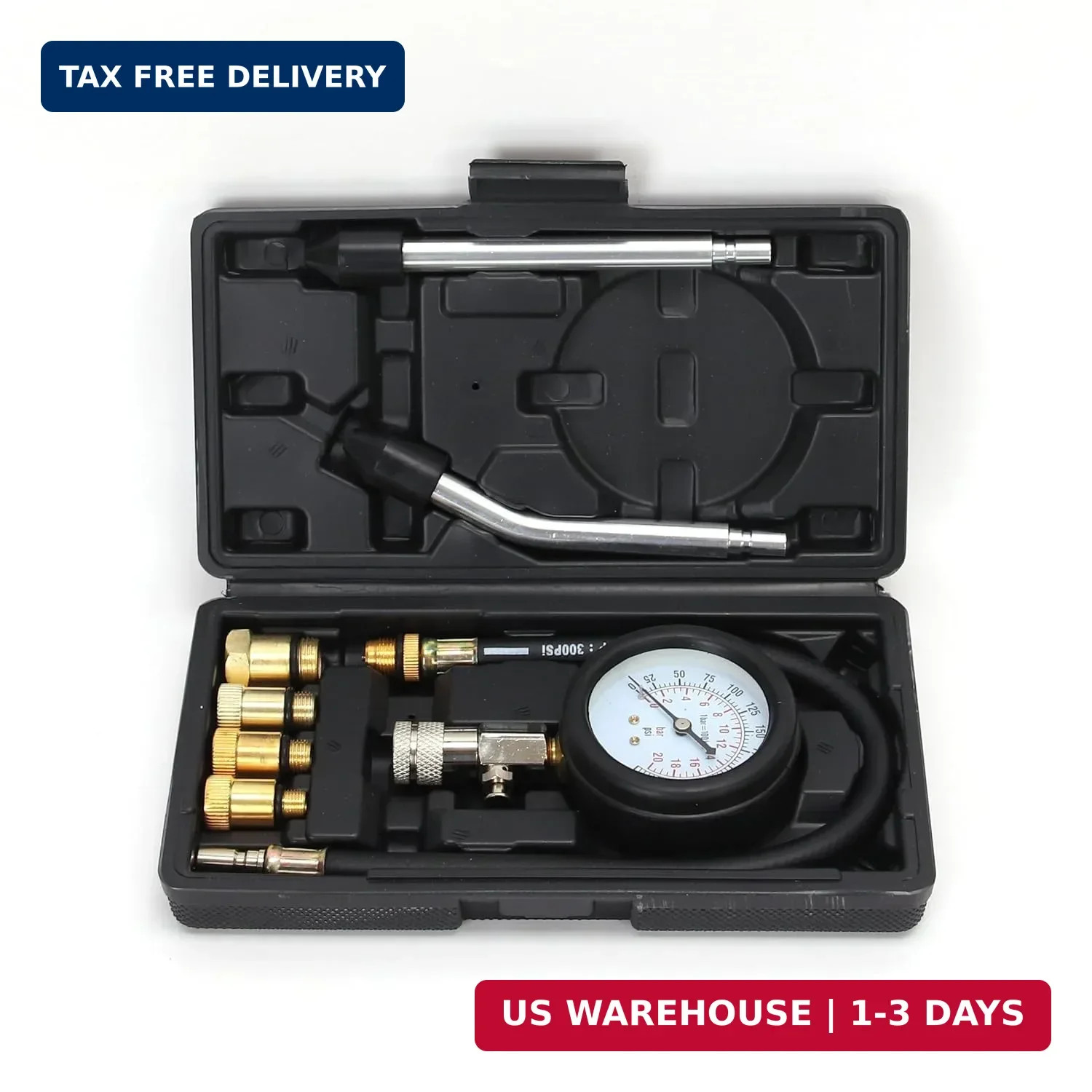 8PCS Compression Tester Kit 0-300 PSI Petrol Gas Engine Cylinder Pressure Gauge