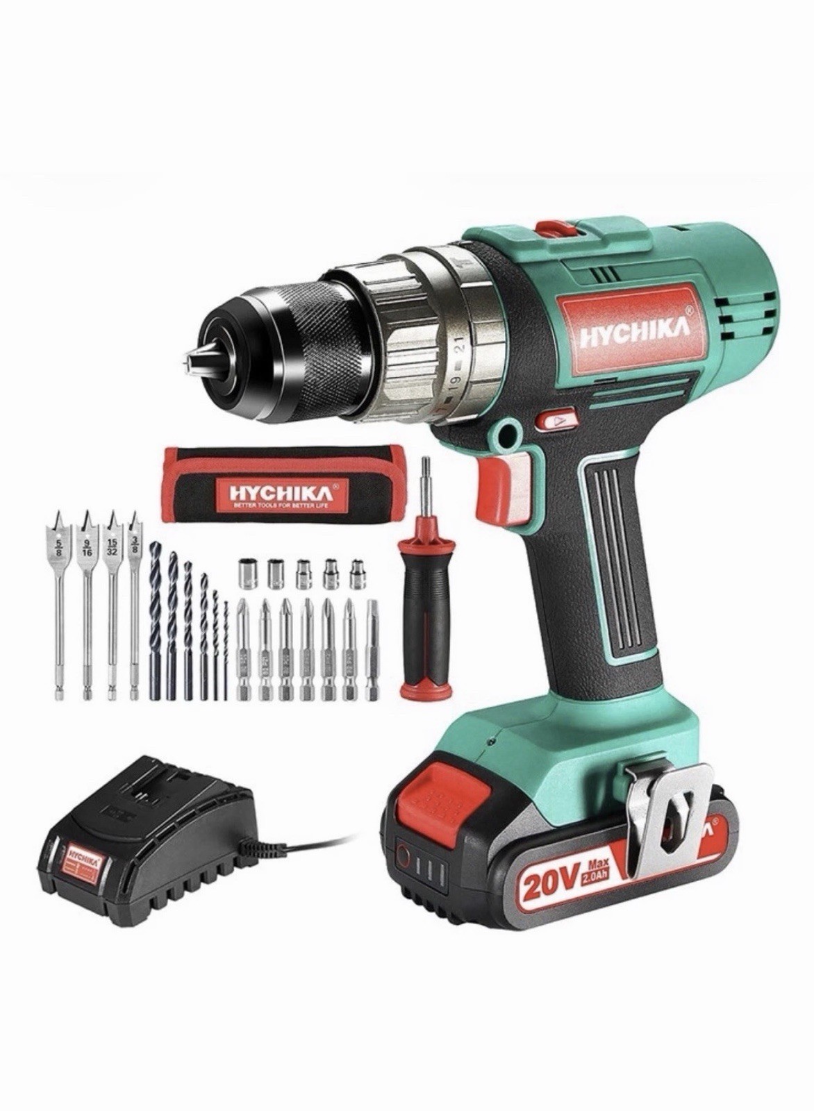 NEW SEALED HYCHIKA HD18F 20V Cordless Hammer Drill Driver Kit 2.0Ah Battery