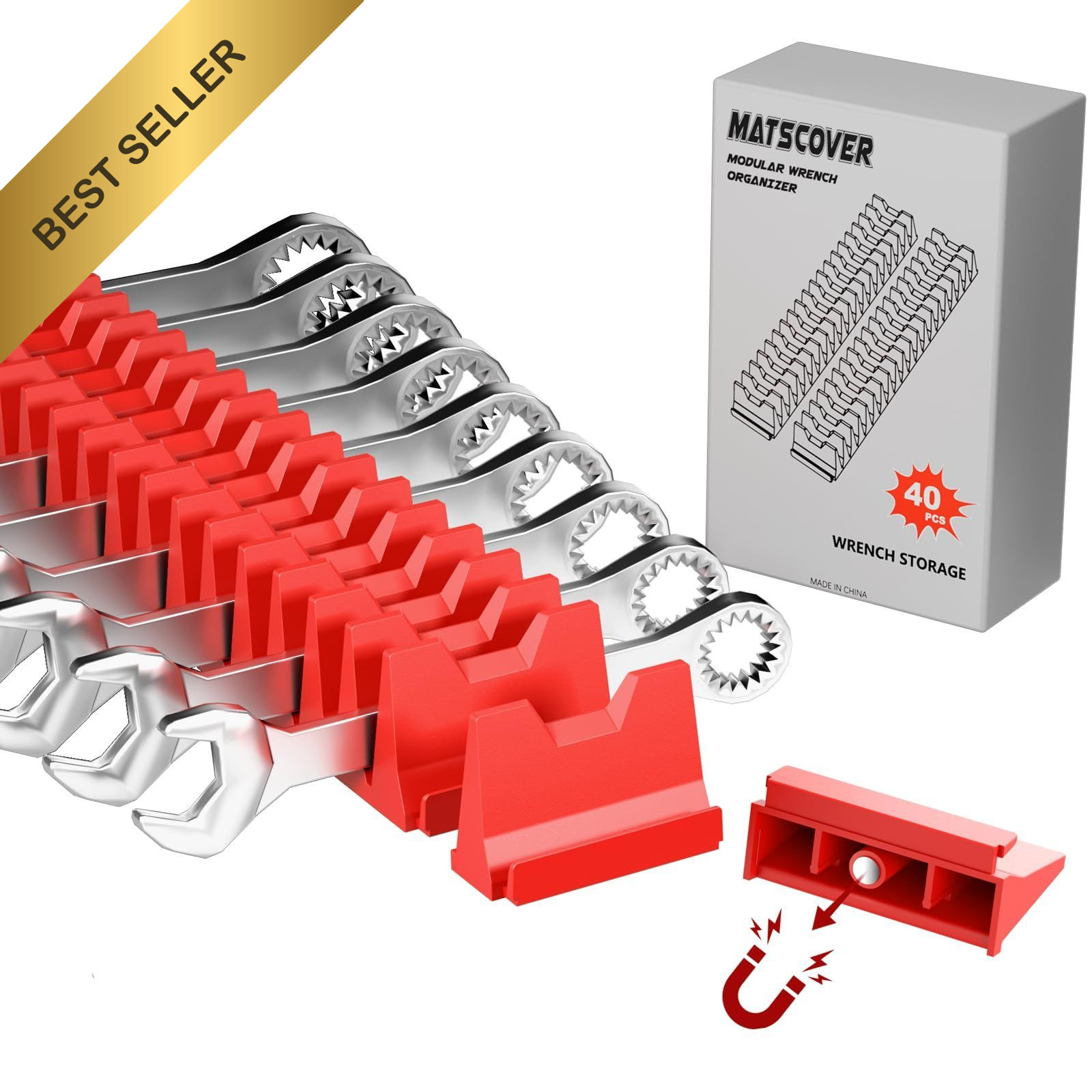 40PCS Magnetic Wrench Organizer Holder Tools Drawer Storage Set Metric SAE Red