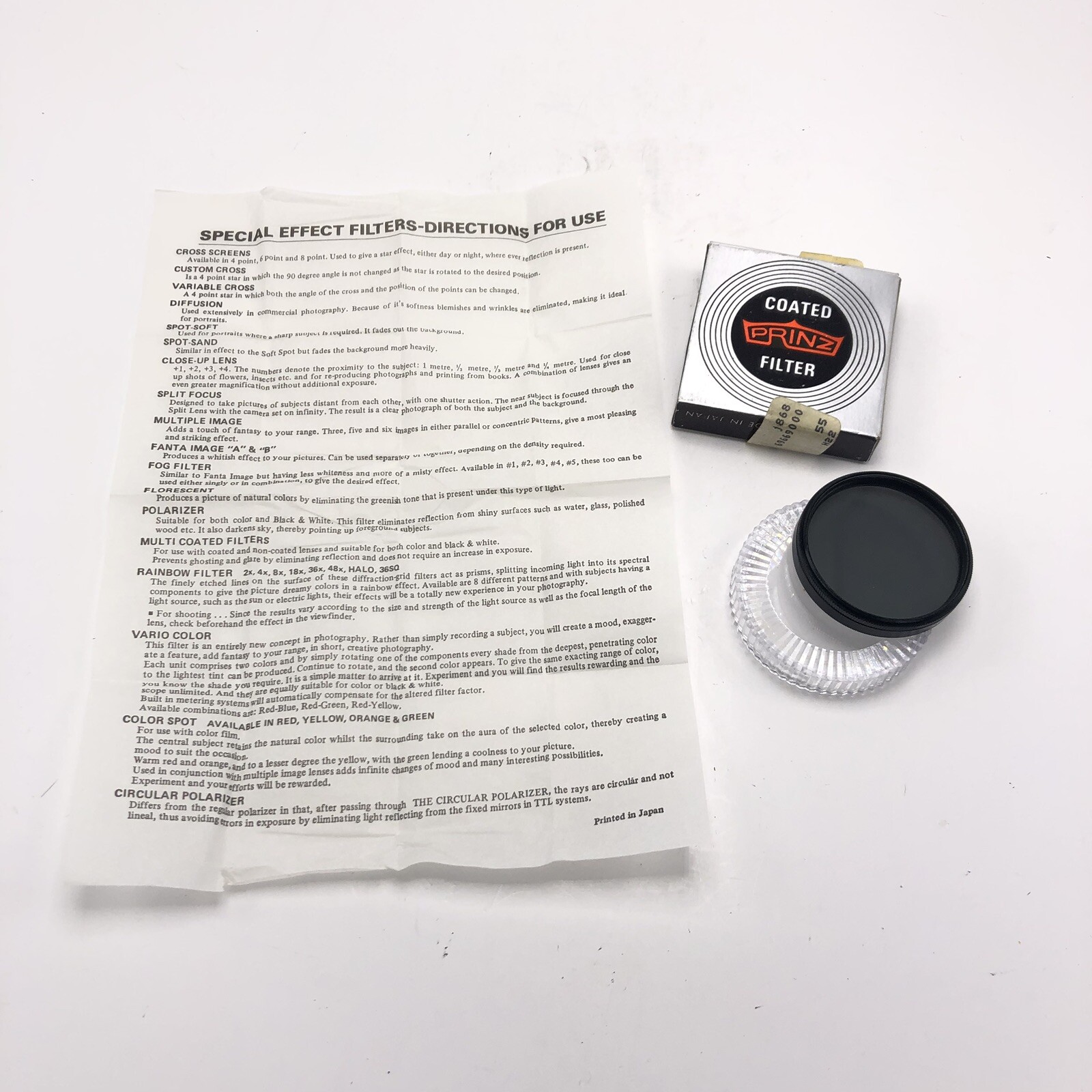 COATED GLASS PRINZ 52MM POLARIZING CAMERA LENS FILTER AND DIRECTIONS