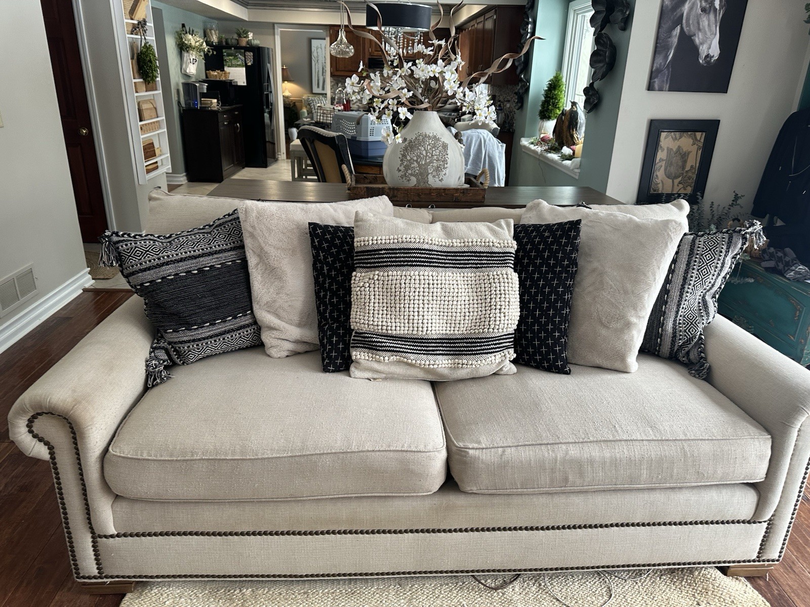 Beige Linen Blend Sofa 3-Seater Round Arms Nailhead Trim Removable Cushions