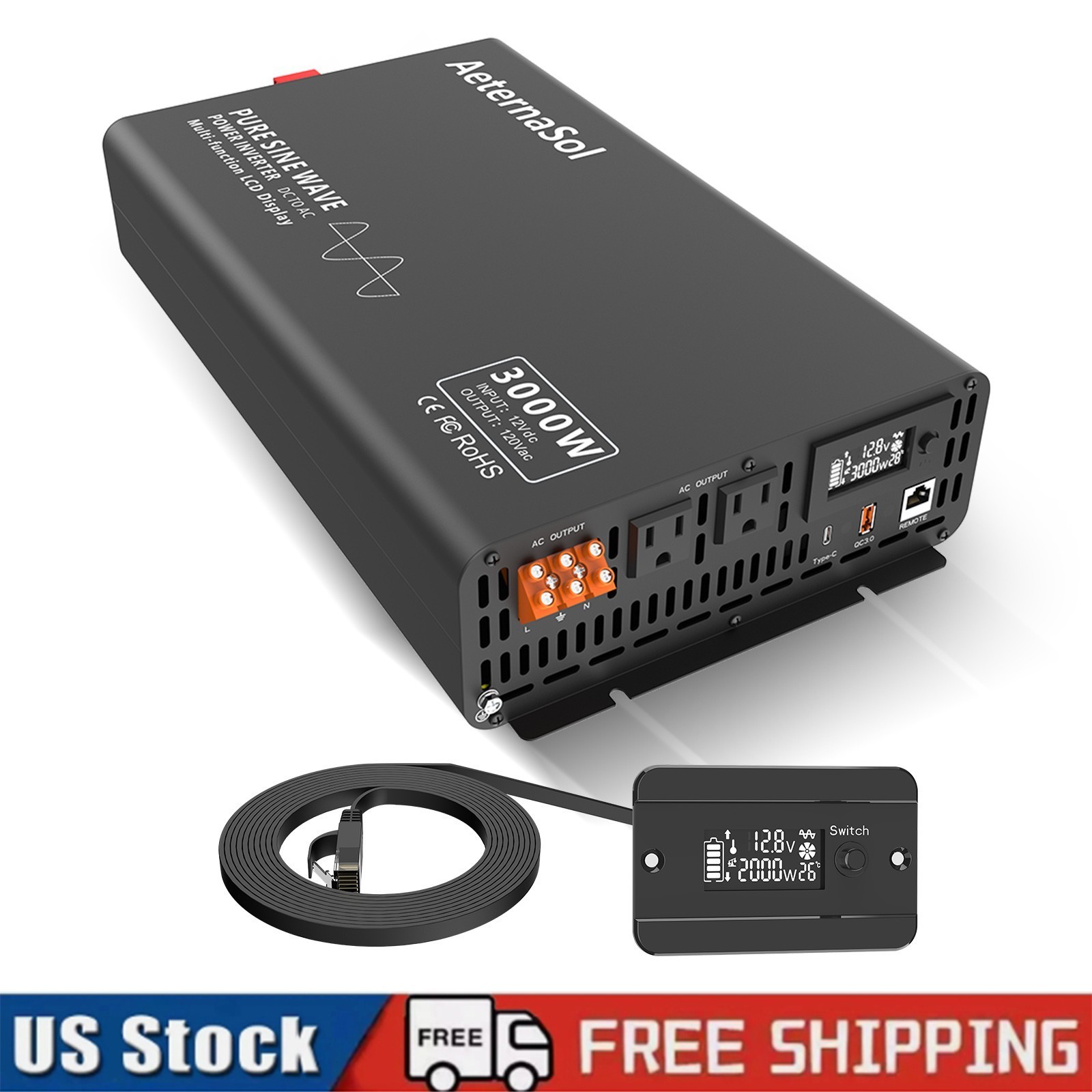 3000W Pure Sine Wave Power Inverter 12V DC to 120V AC Converter Power Inverter