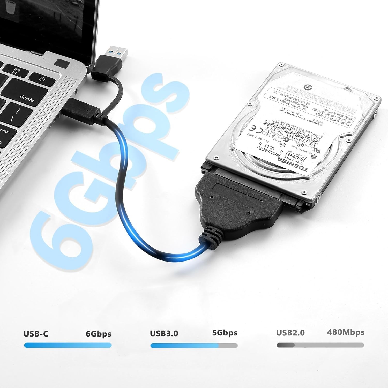 2-in-1 SATA to USB Cable USB-C/A 3.0 to 2.5" HDD SSD Adapter 23cm