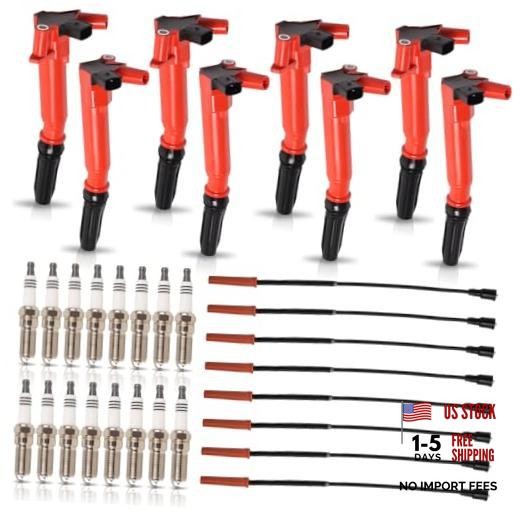 Set of 8 Red Ignition Coil with 16 Platinum Spark Plug and Wire Set