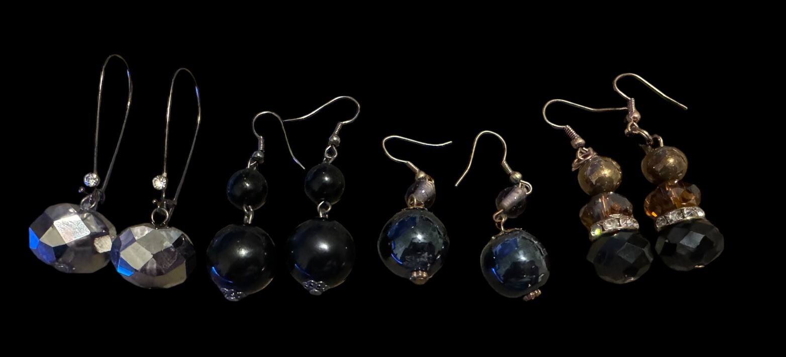 Lot Of 4 Vintage Black Rhinestone Dangle Drop Fashion Earrings P9