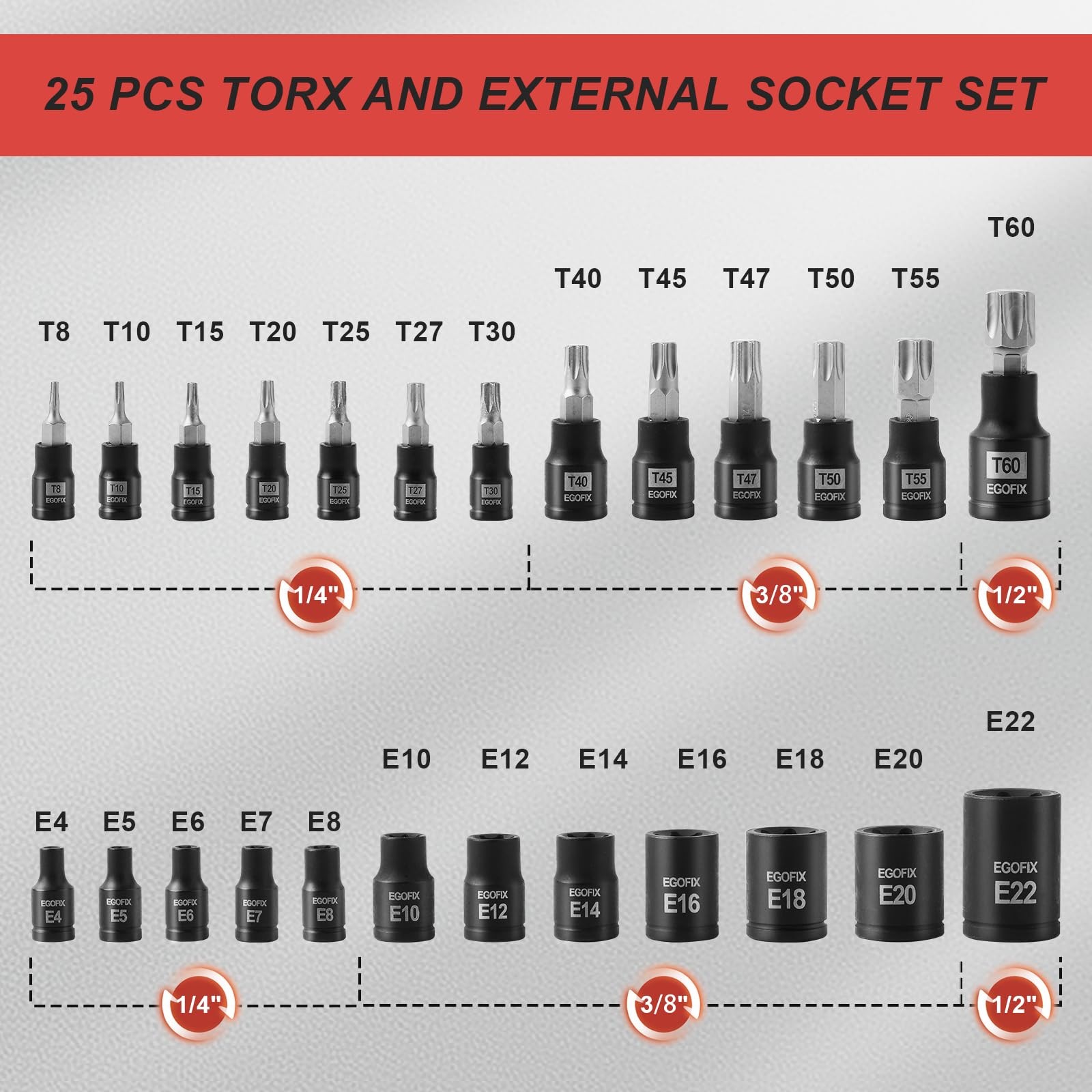EGOFIX 25 Piece Torx Bit and Socket Set, 13 Star Bits T8-T60,E4-E22(25PCS)