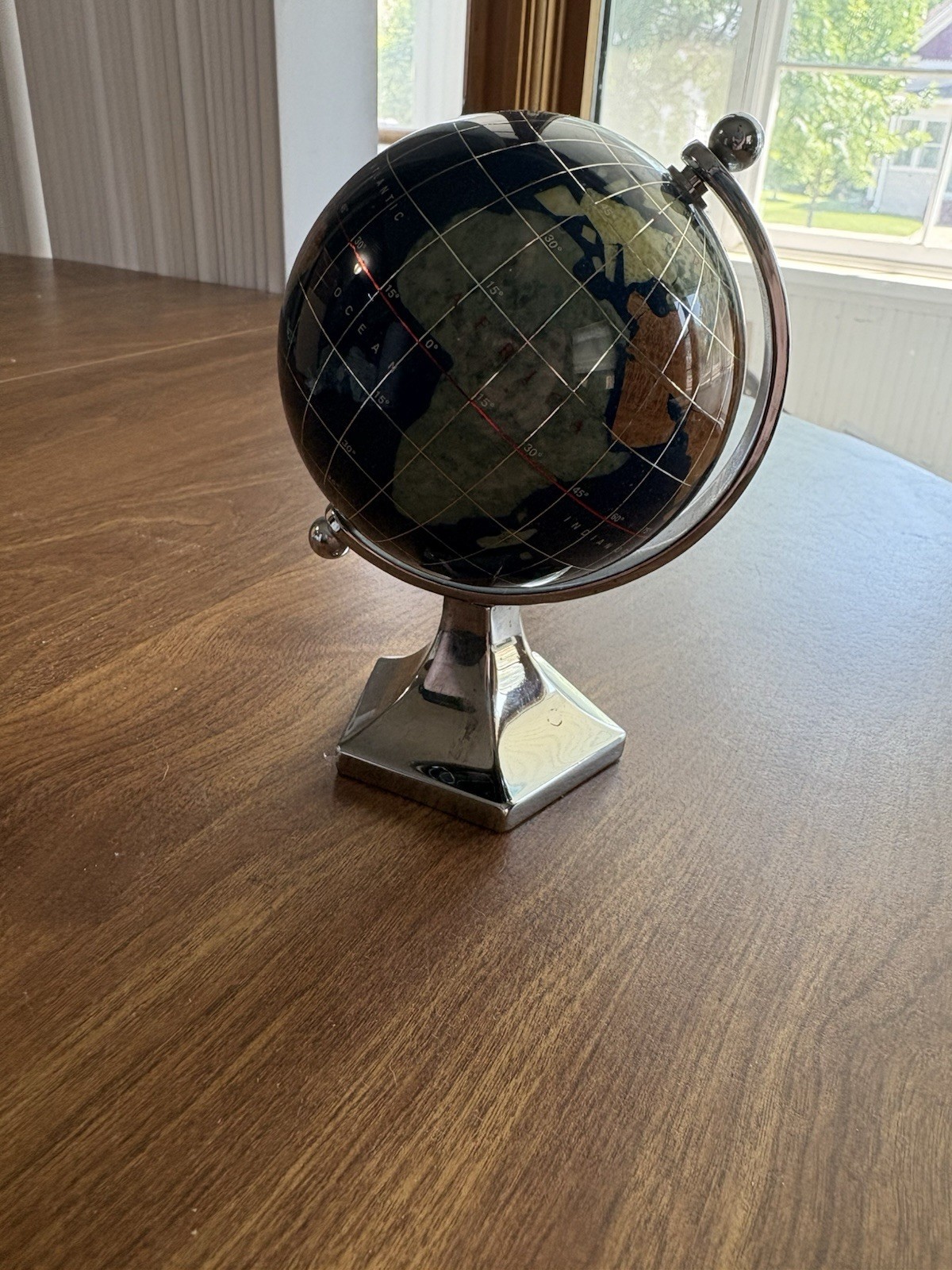 GEMSTONE MINI WORLD GLOBE Semi-Precious Inlay Chrome Stand 5.5" Tabletop Decor