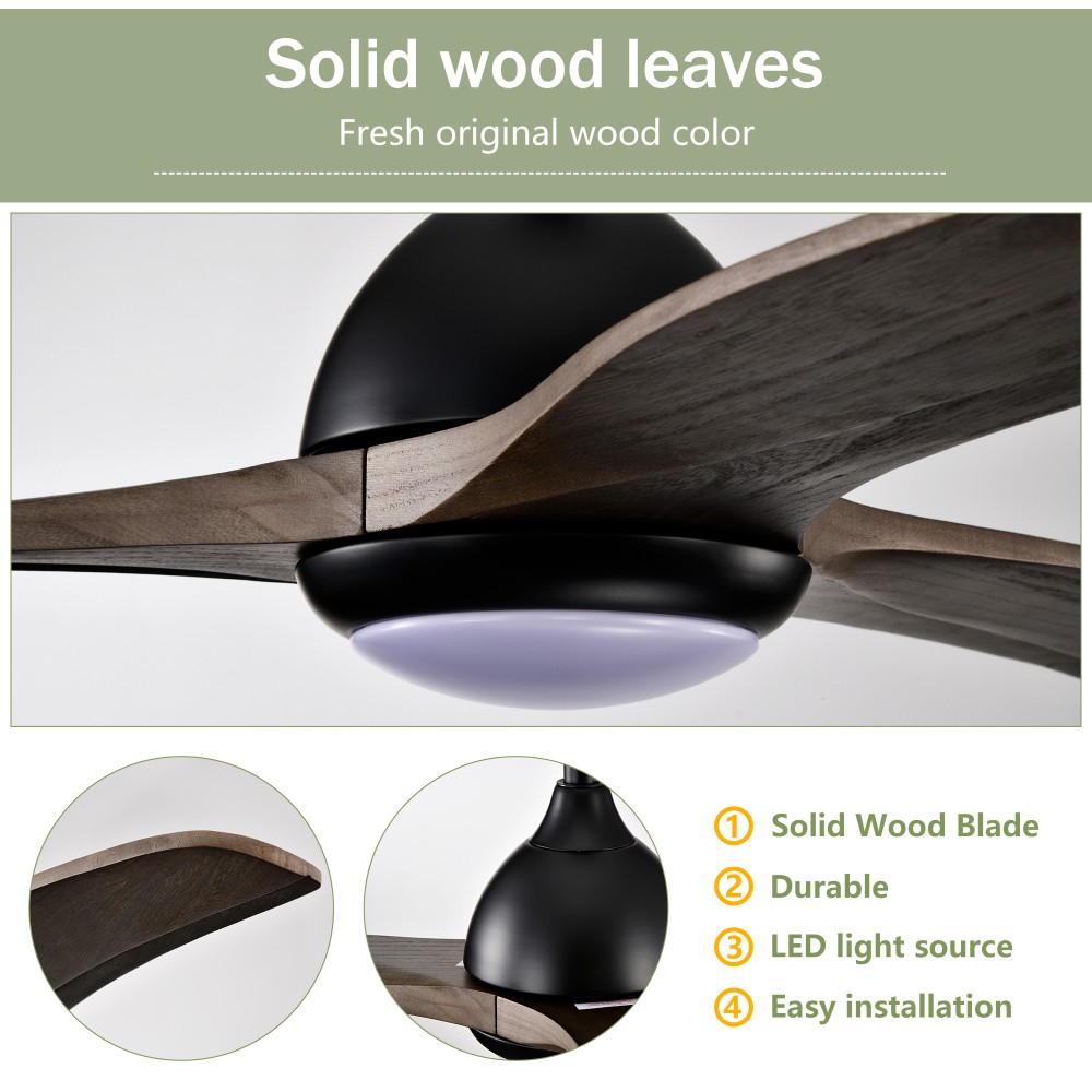 52"Solid Wood BladesCeilingFan Indoor Ceiling Fan With Light with Remote Control