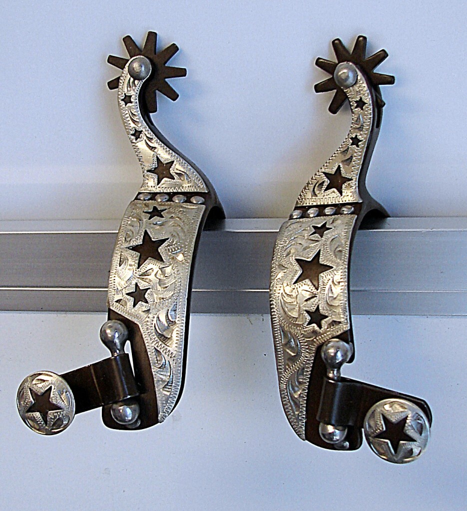 Tough-1 Antique Brown Steel Show western Spurs Silver Star Engrave Kid Youth 2.5