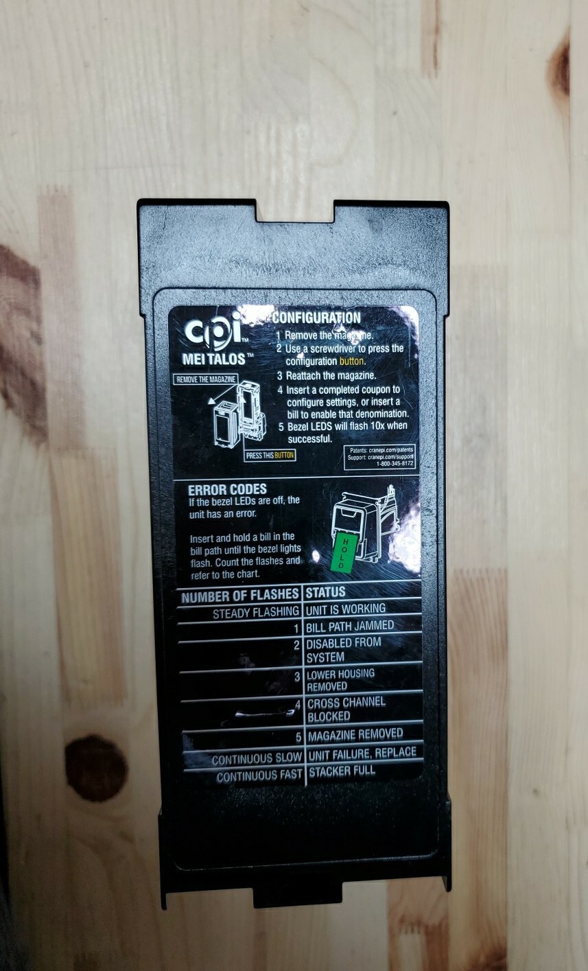 CPI TALOS MEI 1000 note stacker box dollar bill acceptor validator magazine