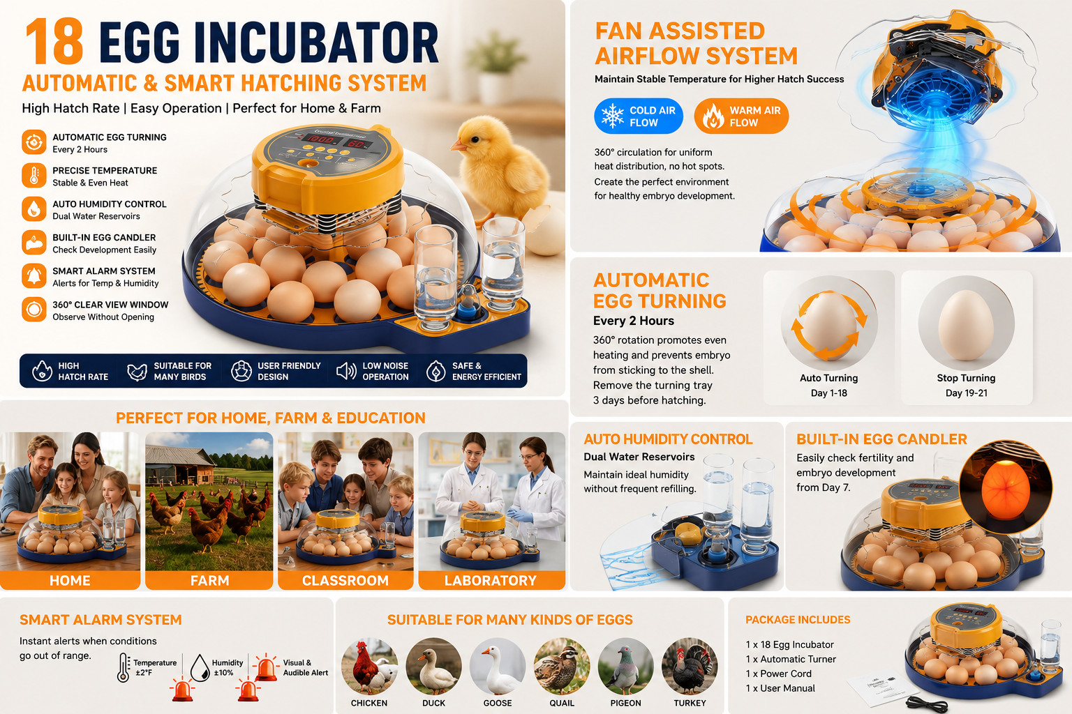 18 Egg Incubator for Hatching Eggs Automatic Turner Humidity Control Candler