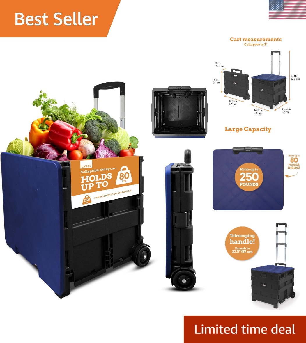 Telescopic Handle Collapsible Utility Cart - Blue, Ideal for Shopping & Outdoor