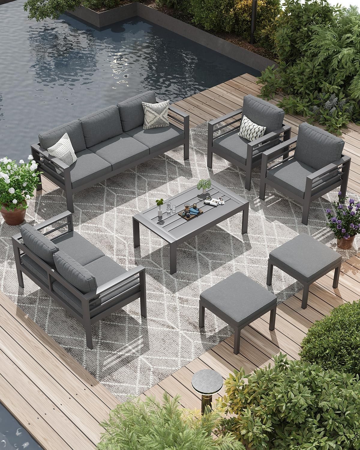 Aluminum Patio Furniture Set, 9 Seats Modern Outdoor Furniture with Coffee Table