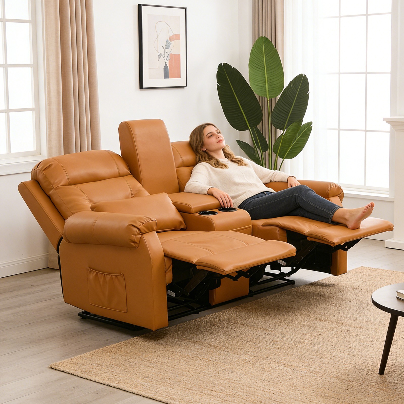 SnyFivv Manual Loveseat Recliner Home Theater Seating Reclining Sofa w/Console