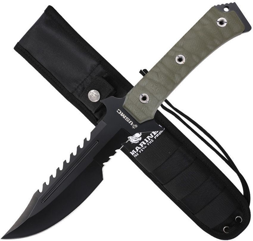 USMC Fixed Knife 7" Partially Serrated 3Cr13MoV Steel Blade Green G10 Handle
