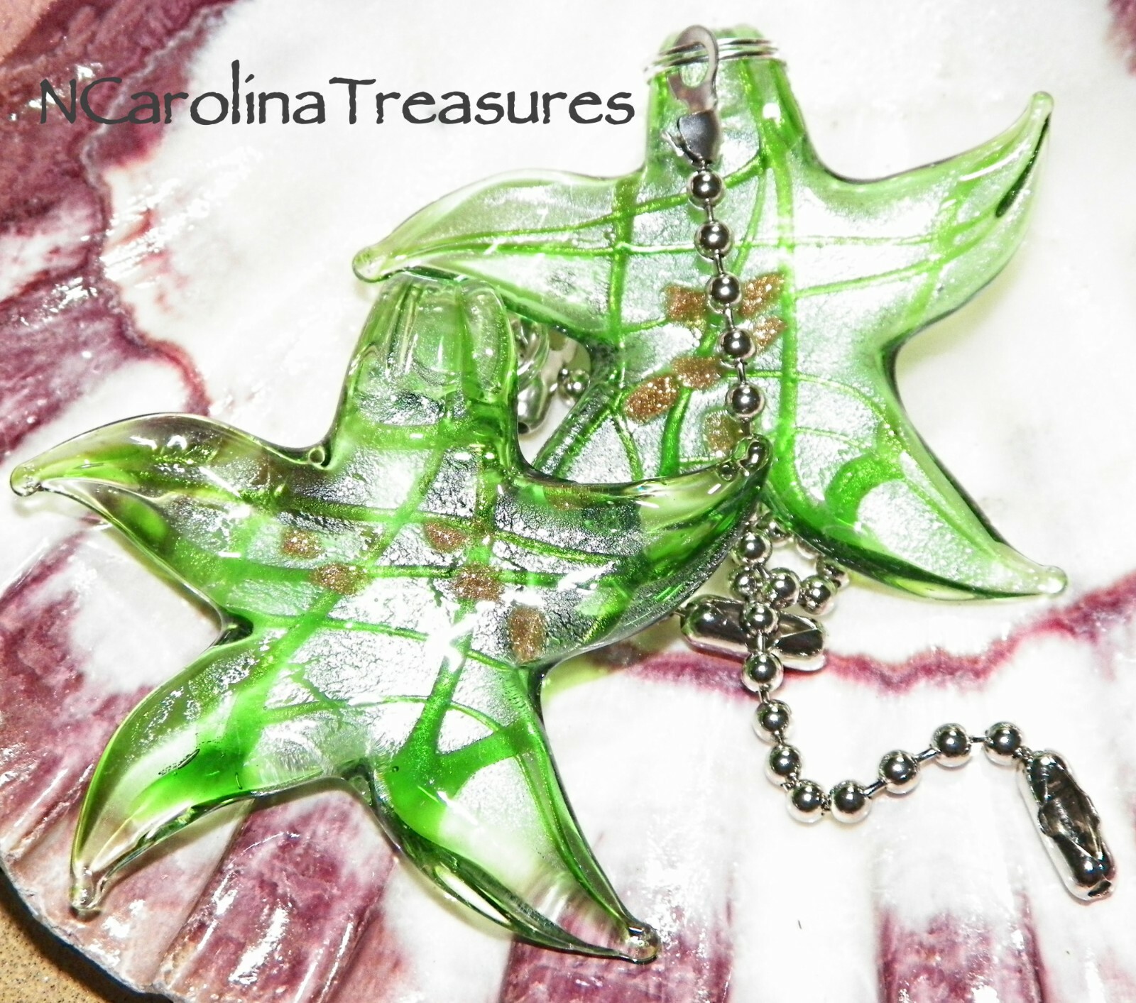 STAR STARFISH GREEN GOLD SILVER MURANO FOIL GLASS CEILING FAN SWITCH PULL LG PR