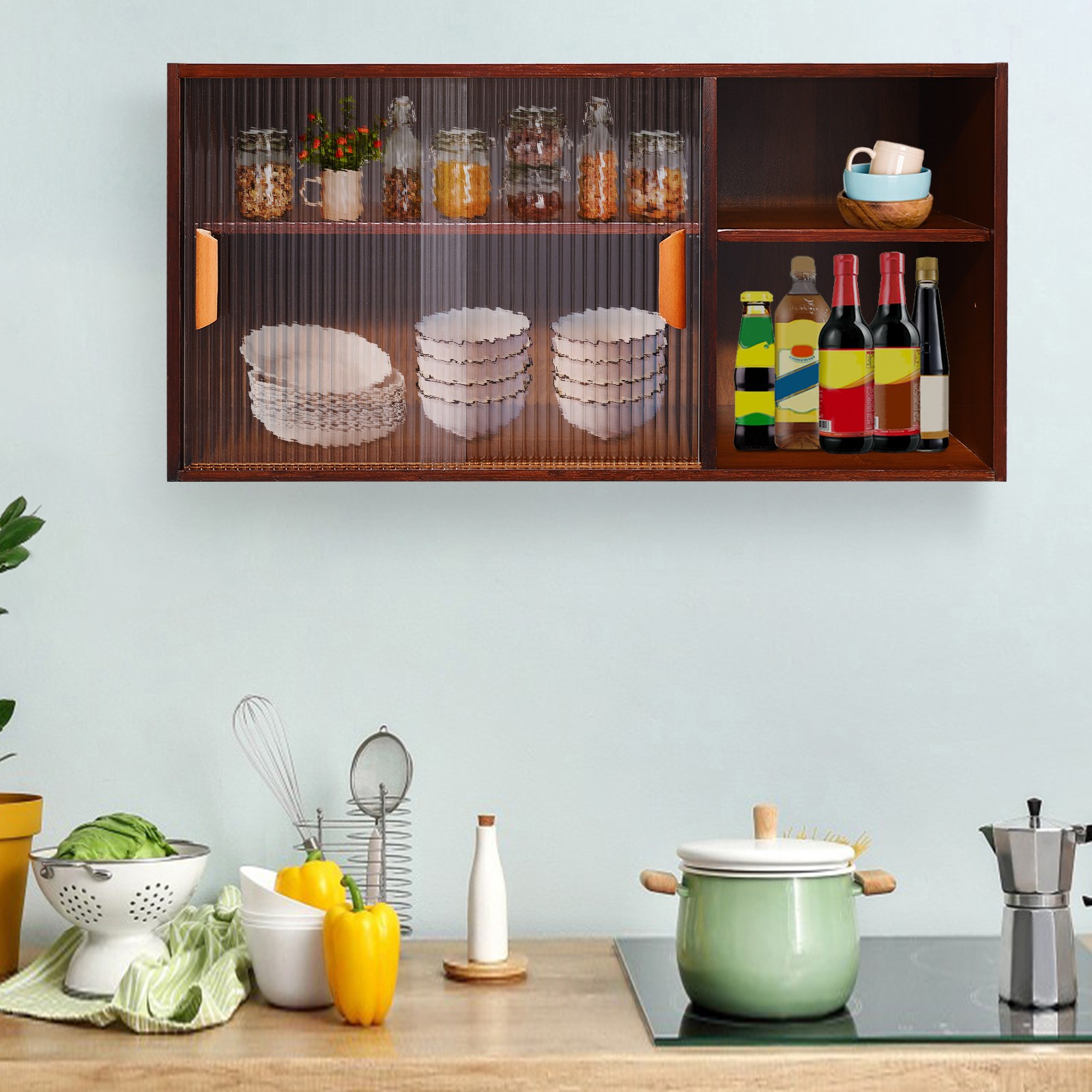 2 Tier Modern Walnut Cupboard, Plate/Cup Storage Cabinet, Kitchen Pantry Cabinet