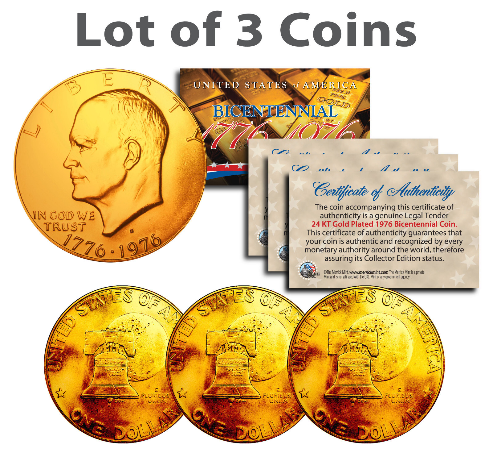 Bicentennial 1976 Eisenhower IKE Dollar U.S. Coins 24K GOLD PLATED (Lot of 3)