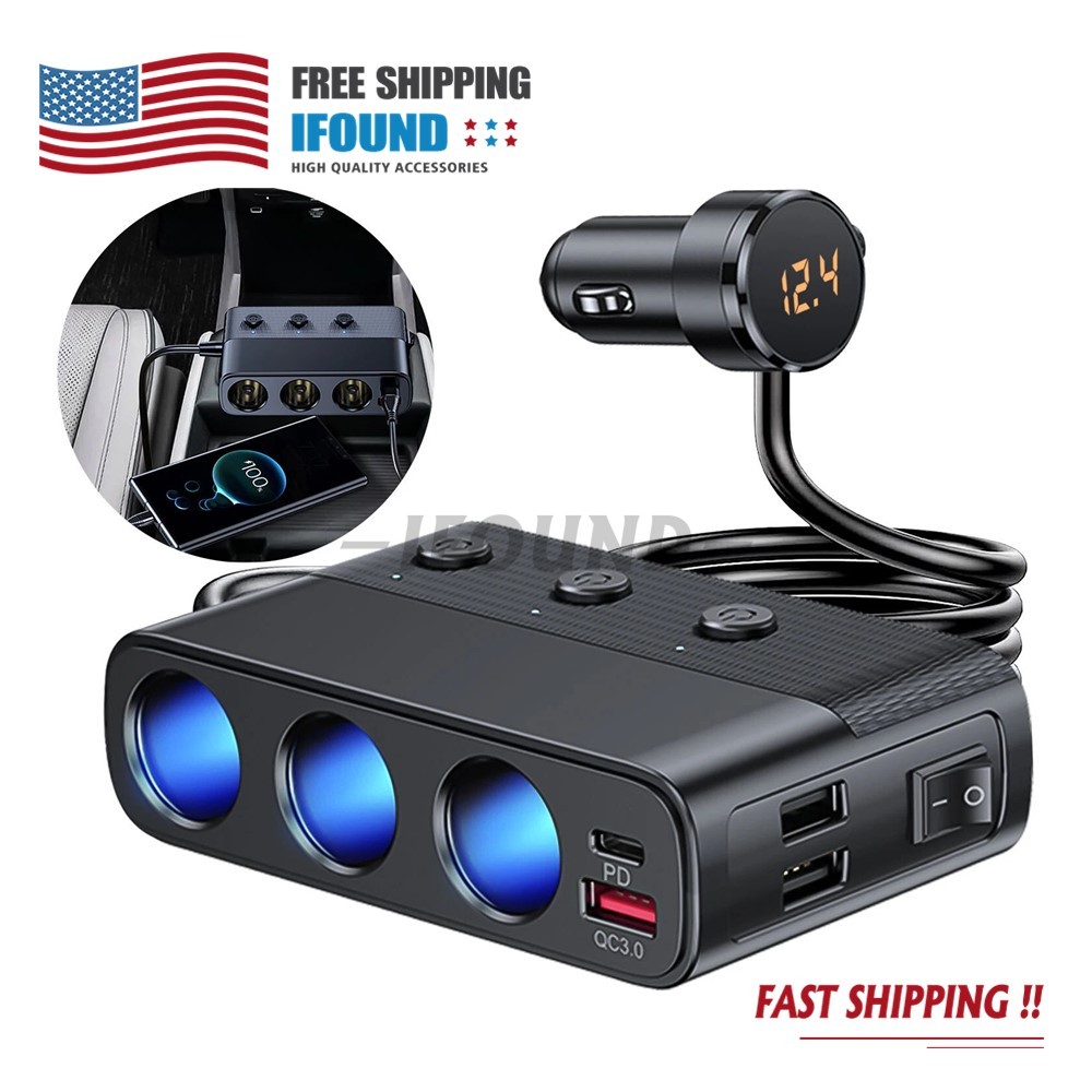 3-Way car Cigarette Lighter Socket Splitter USB Fast Charger Power Adapter 12V