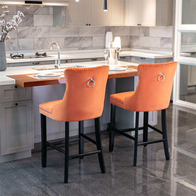 Set of 2 Velvet Upholstered Barstools 26"H Counter Height Chair Stools (Orange)