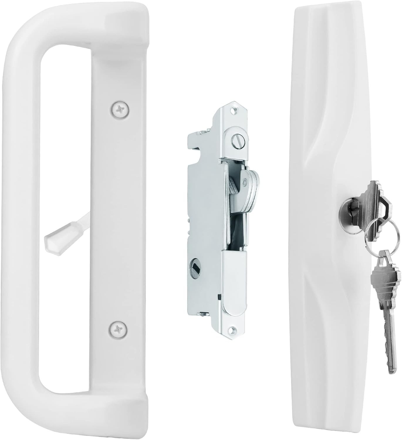 White Patio Sliding Door Handle w/ Lock Cylinder for 3 15/16" Hole Spacing