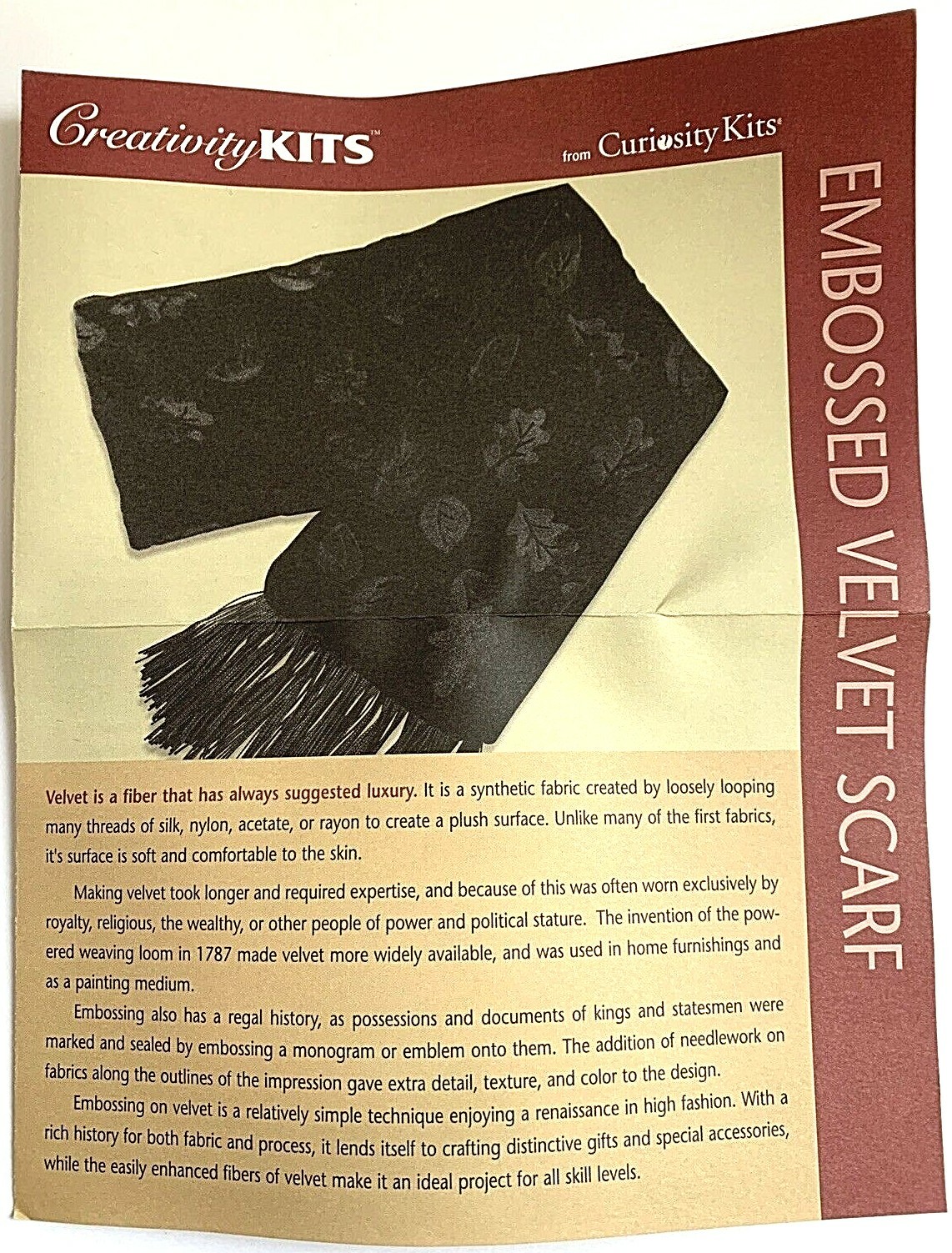 Embossed black velvet scarf craft Kit emboss stitch All supplies New Open Box
