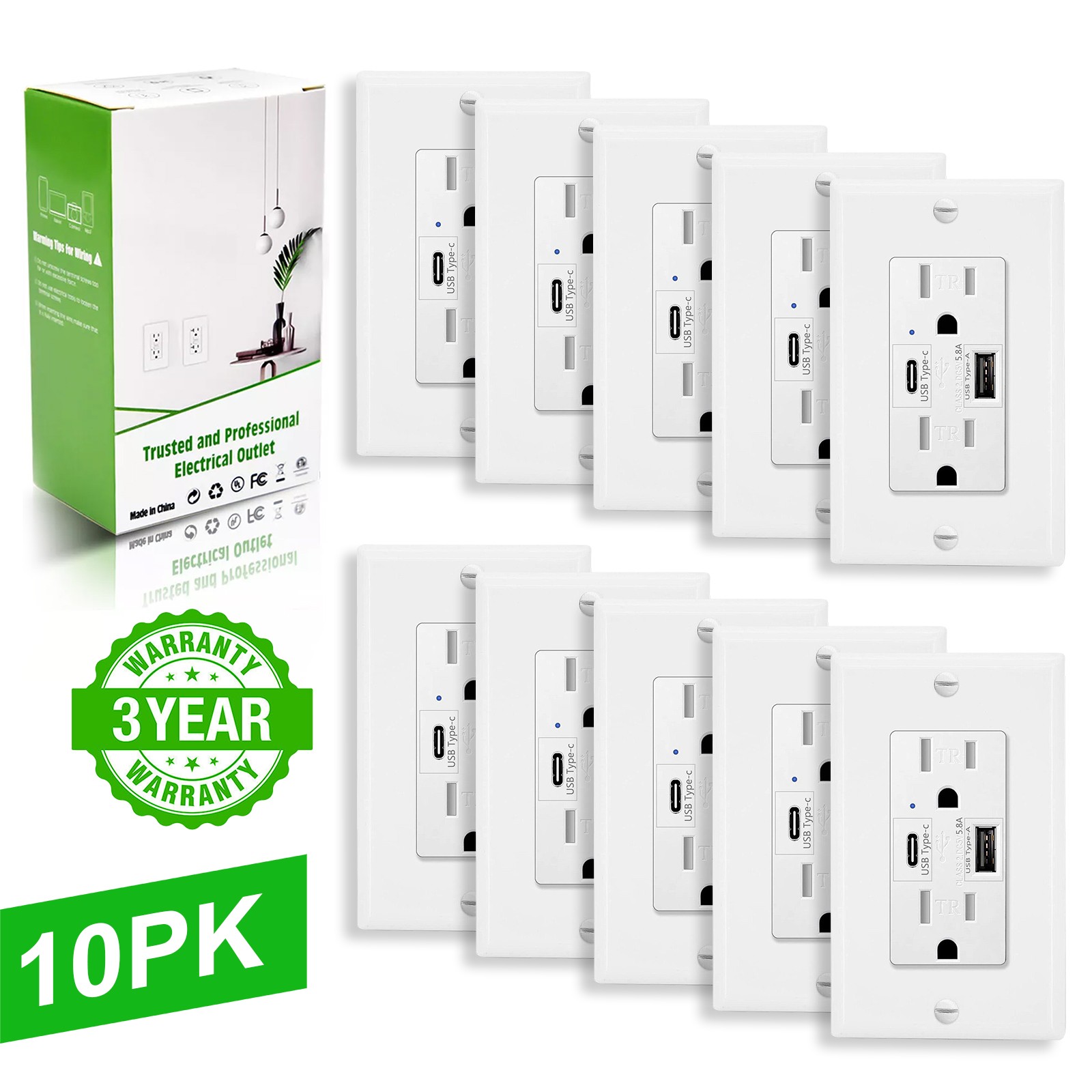 10x 15A Duplex TR Receptacle Plug 5.8A High-Speed USB Type C Wall Outlet Charger