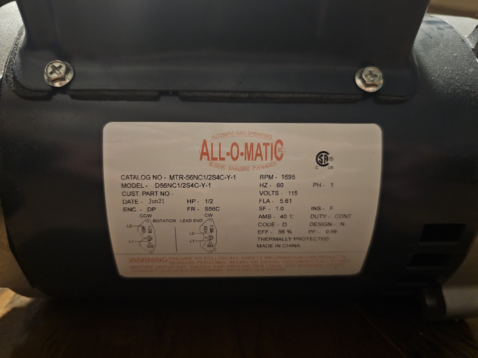 All-O-Matic Dual Capacitor C-Face 1/2Hp Motor D56NC1/2S4C-Y-1