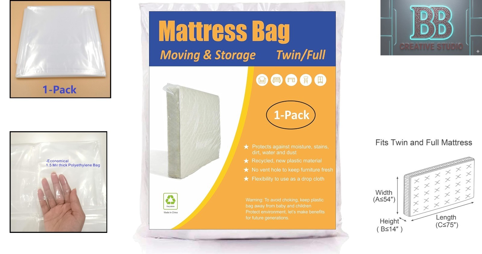 Lightweight Twin/Full Mattress Bag - Clear Polyethylene Storage Solution