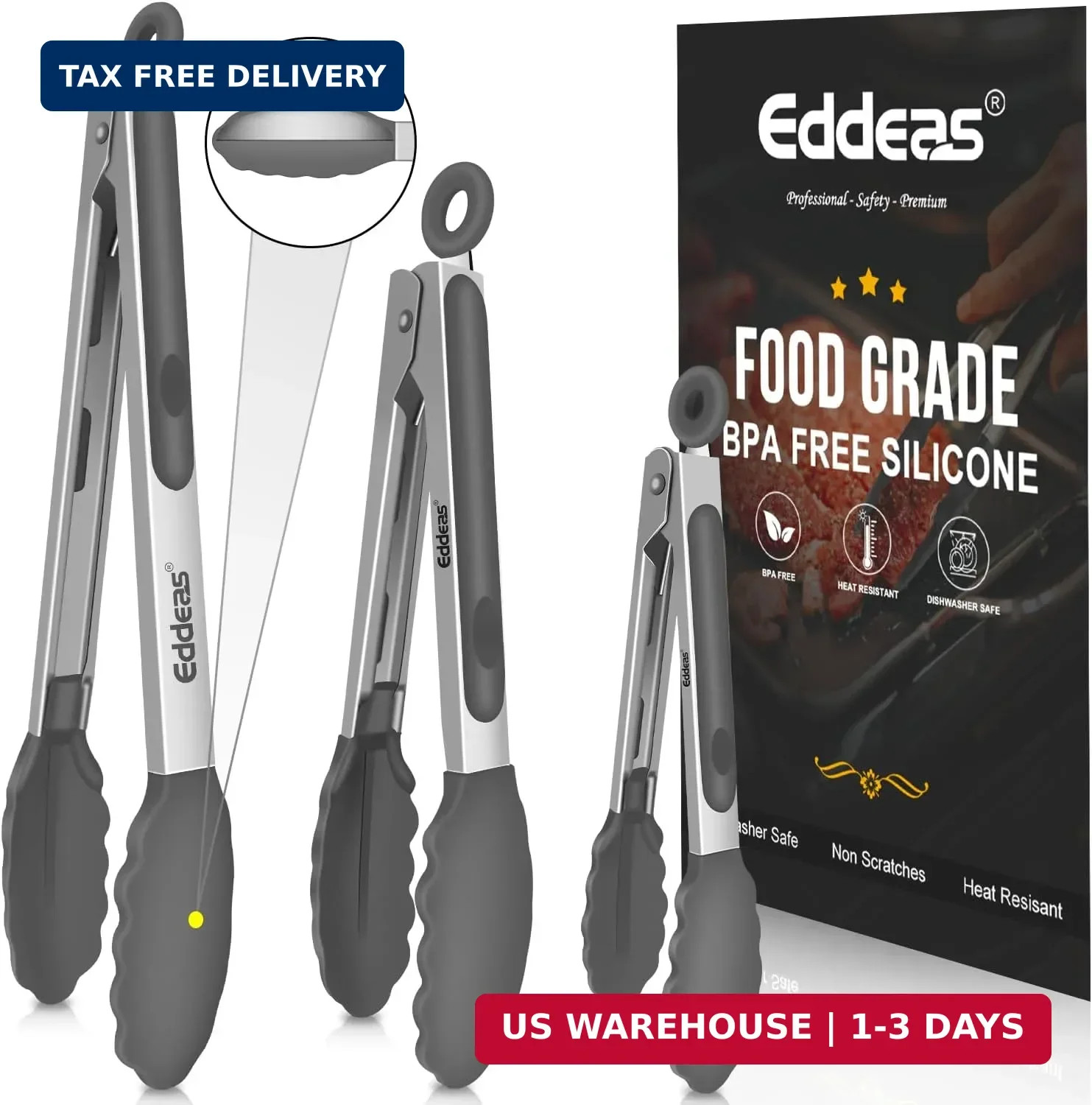 Kitchen Tongs Up To 600°F Silicone Tongs for Cooking 7,9,12 in Grey | Heat Resis