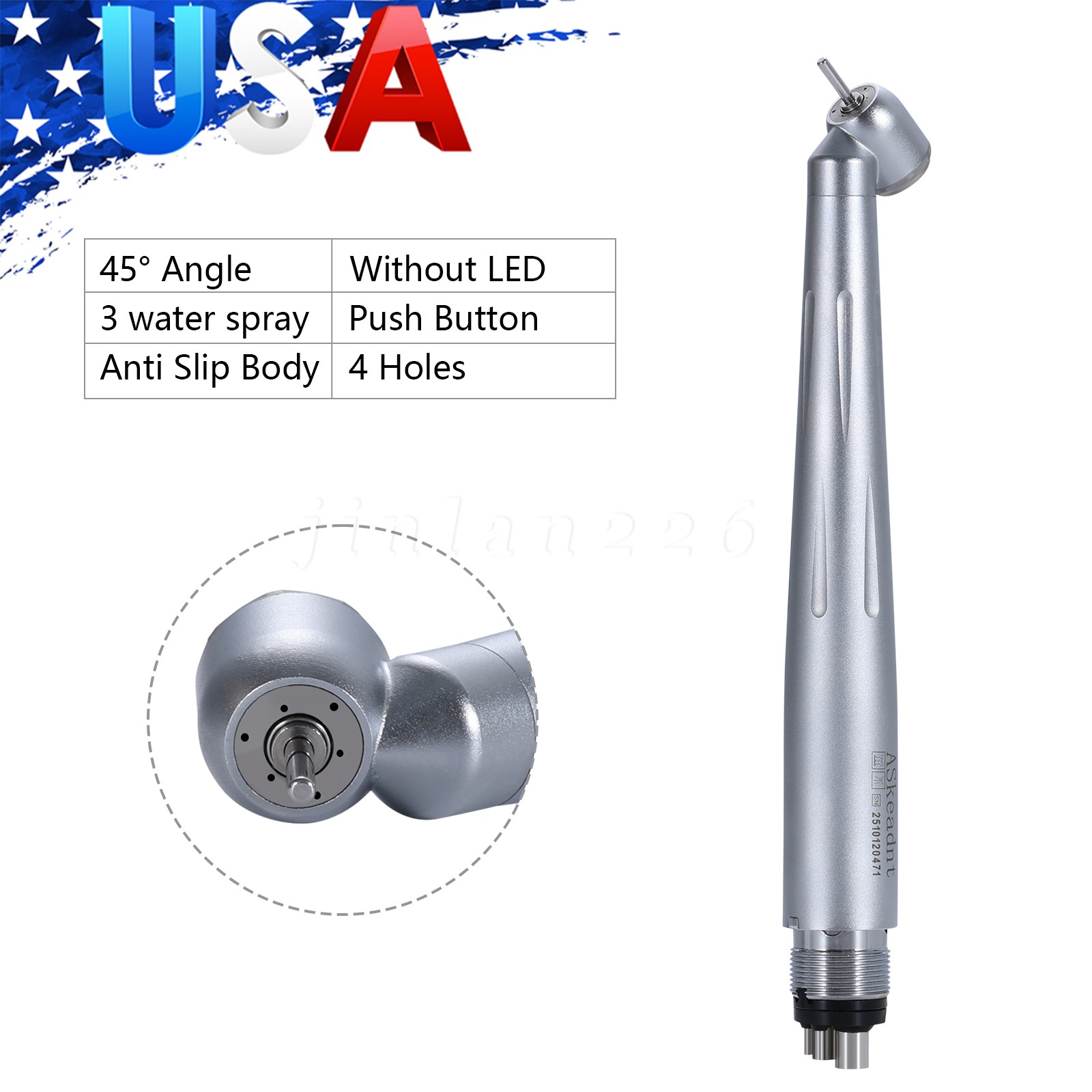 Dental Handpiece High Speed Push Button STANDARD 45° HEAD 4-Hole