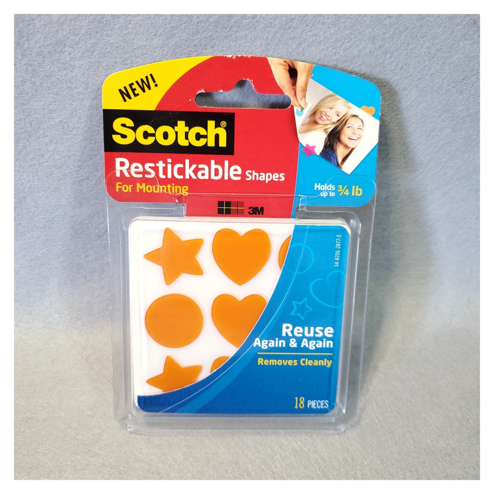 1 - Scotch Restickable Shapes 3m Orange Hearts Stars Stickers 3/4 Lb 18 Pieces